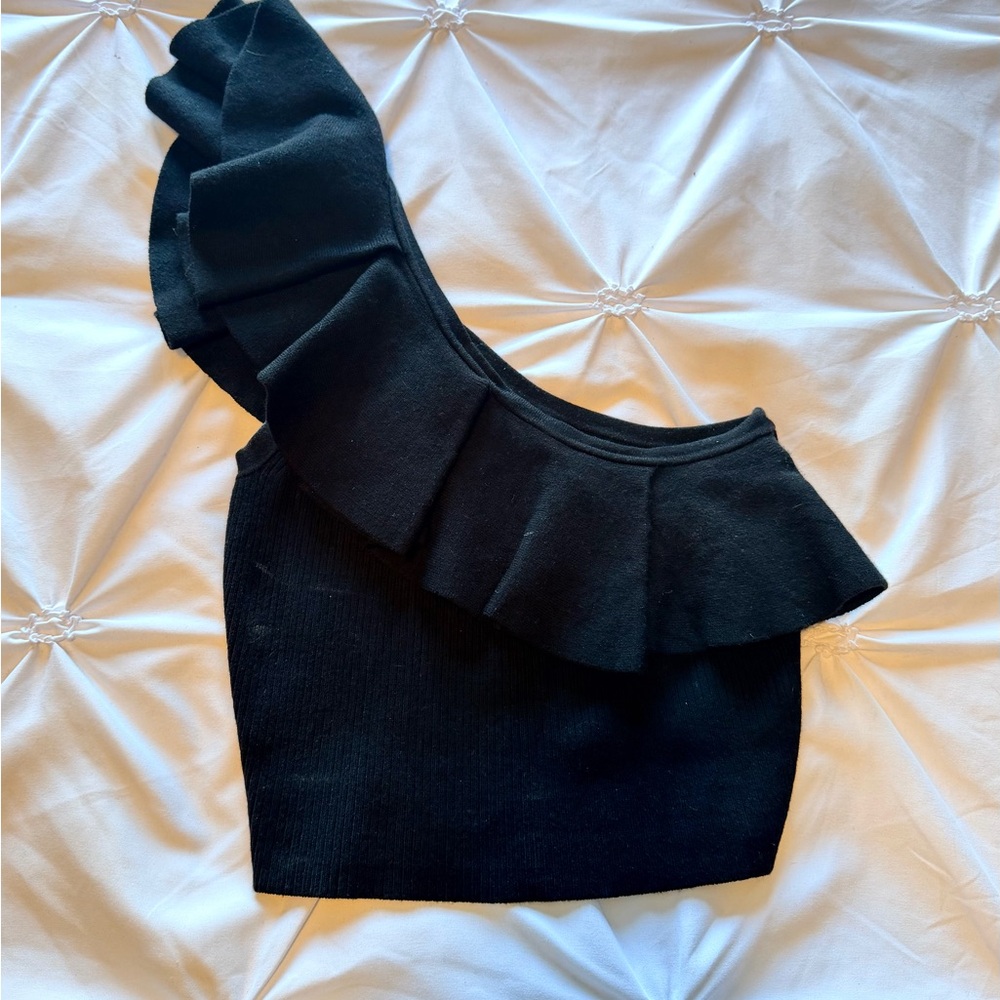 Express Black One-Shoulder Ruffle Crop Top